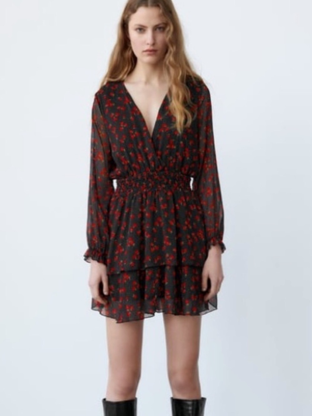 Zara Women's Floral Print Long Sleeve Short Dress Black Size s